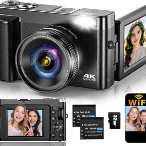 4K Digital Camera for Photography Autofocus, Upgraded 64MP WiFi Vlogging Camera for YouTube with 3" 180° Flip Screen, 16X Zoom, Compact Travel Cameras for Beginners with 32GB Card, 2 Batteries, Black