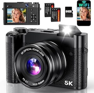 5K Digital Camera, 64MP Cameras for Photography with 6X Optical Zoom & Autofocus, WiFi Vlogging Camera for YouTube Video, Dual-Lens, 2 Batteries, 64GB Card & Flash, Best Cameras for Content Creators