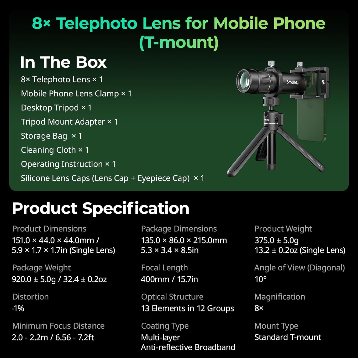 SmallRig 8X Telephoto Lens for Mobile Phone (T-Mount), w Tripod + Aluminium 8X Optical Zoom HD Telephoto Lens + Lens Clamp + Tripod Adapter + Lens Caps + Storage Bag, Support Hand-held Spot Shooting - Image 6